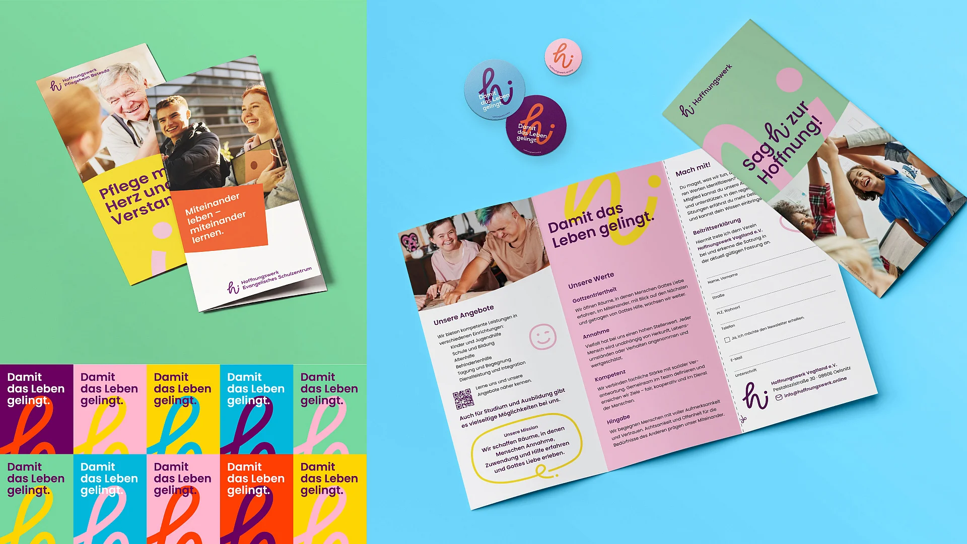 Flyer für Pflegeheim und Schulzentrum, Claim-Kacheln in den Markenfarben, Buttons und Faltflyer zur Mitgliederwerbung
