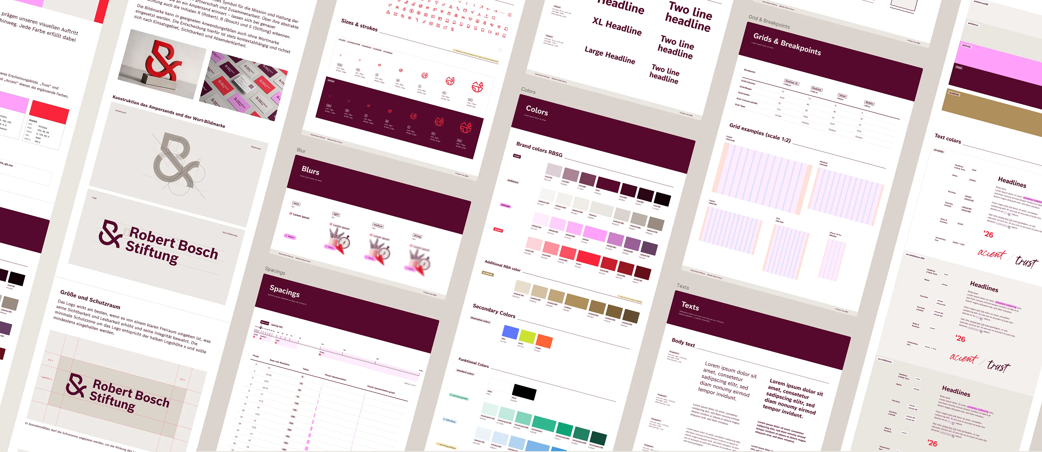 Dokument mit Designrichtlinien, einschließlich Logovariationen, Farbpalette, Typografie und Layoutbeispielen.