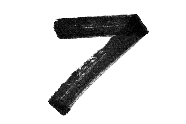 Black-and-white handwritten digit 7 with brushstroke texture